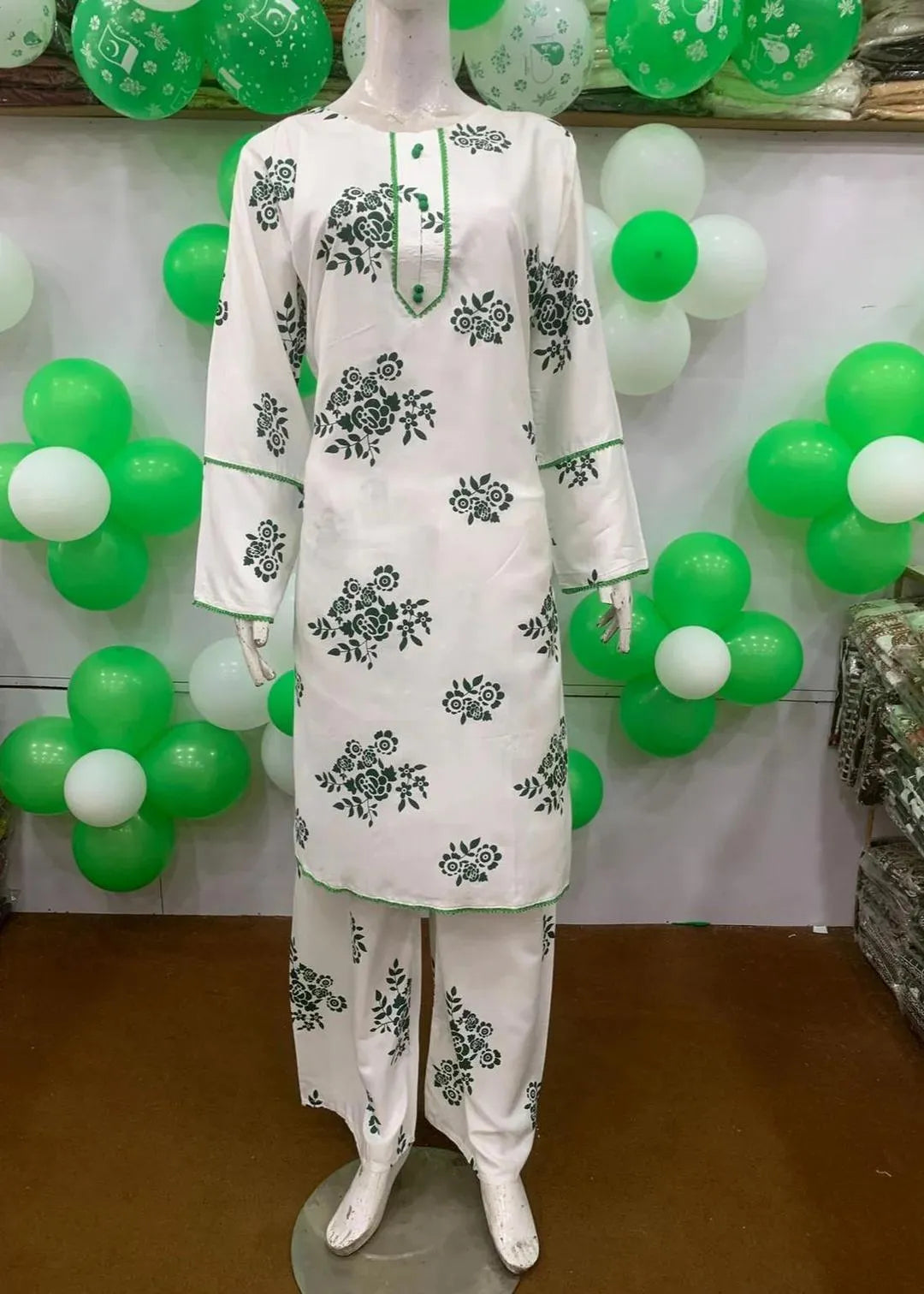 STICHED 2 Pcs Women's Arabic Lawn Printed Long Length Shirt And Trouser (Ever Green Long)
