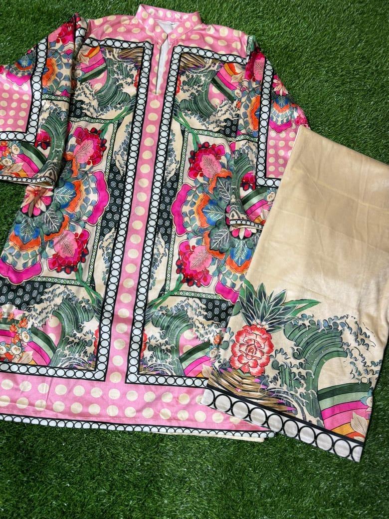 Multicolor Printed Khaddar Suit Women Ban Collar Medium
