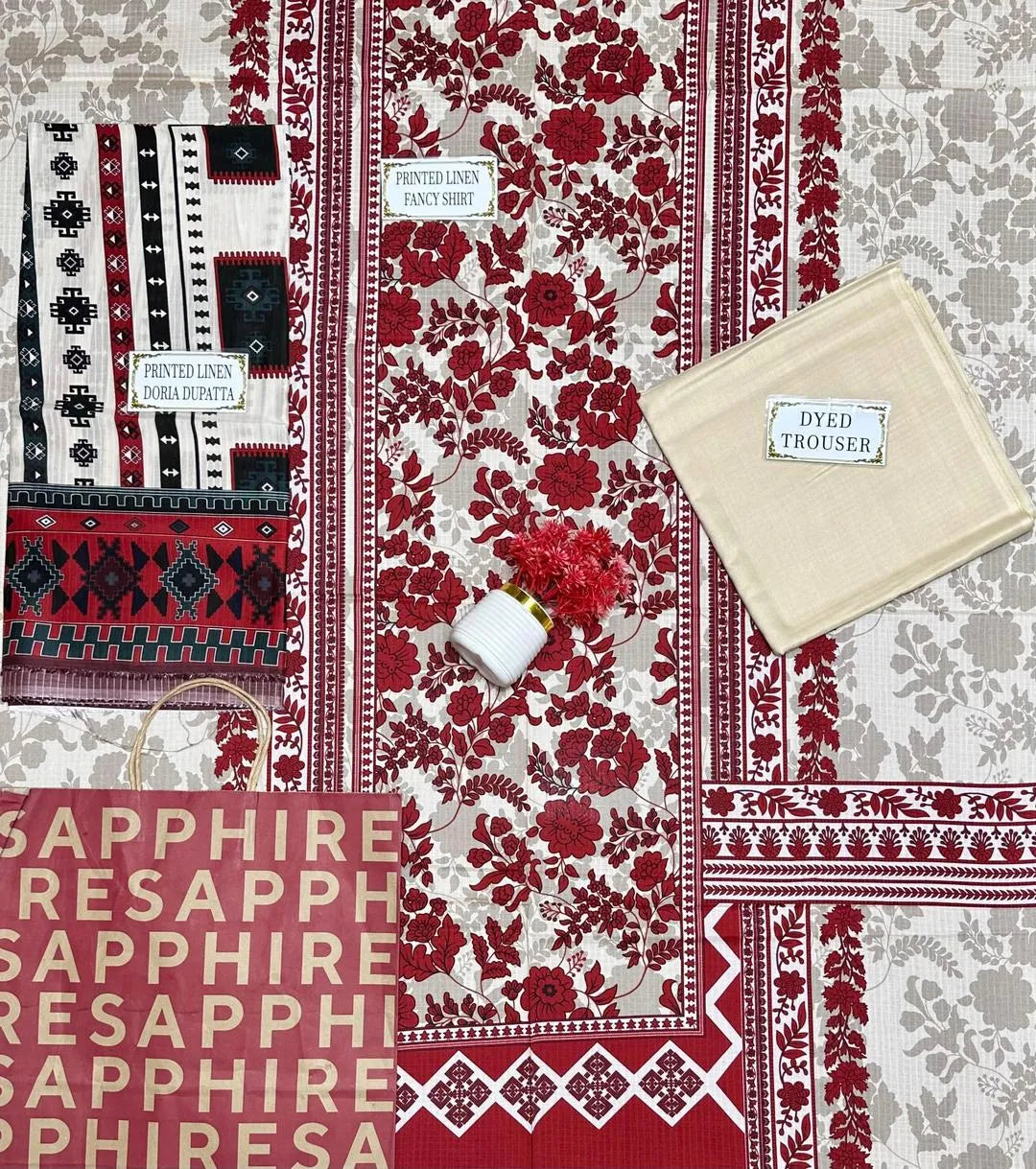 Women Linen Printed Suit 3 Pcs Off White