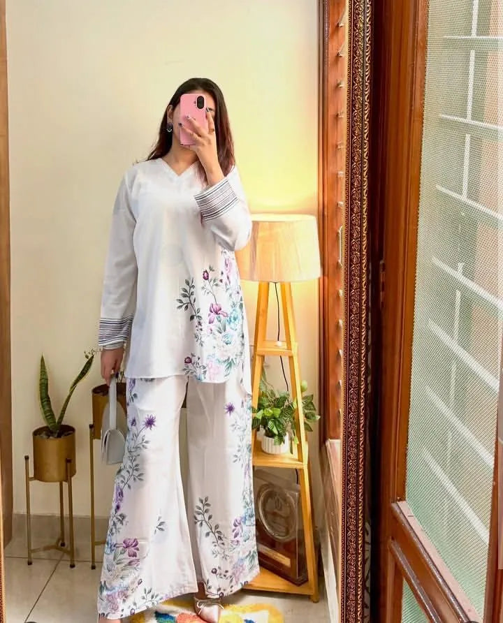 2 Pcs Women's Stitched Swiss Lawn Printed Shirt And Trouser