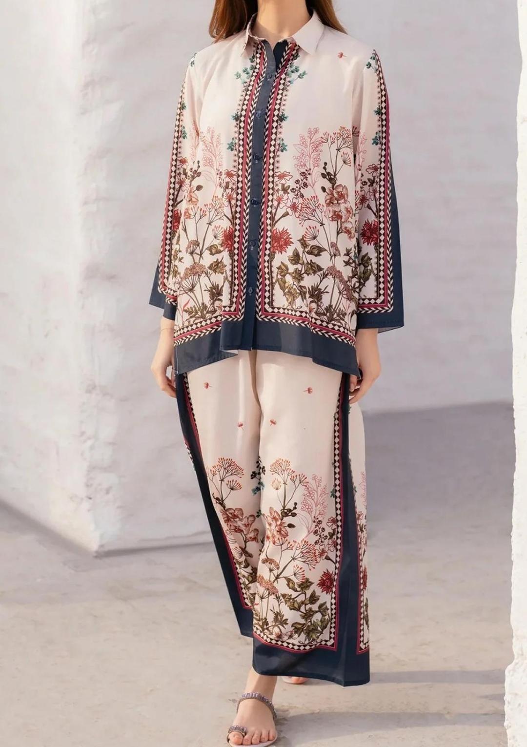 Stylish Off White Women's Stitched Printed Shirt And Trouser Set - 2 Pcs