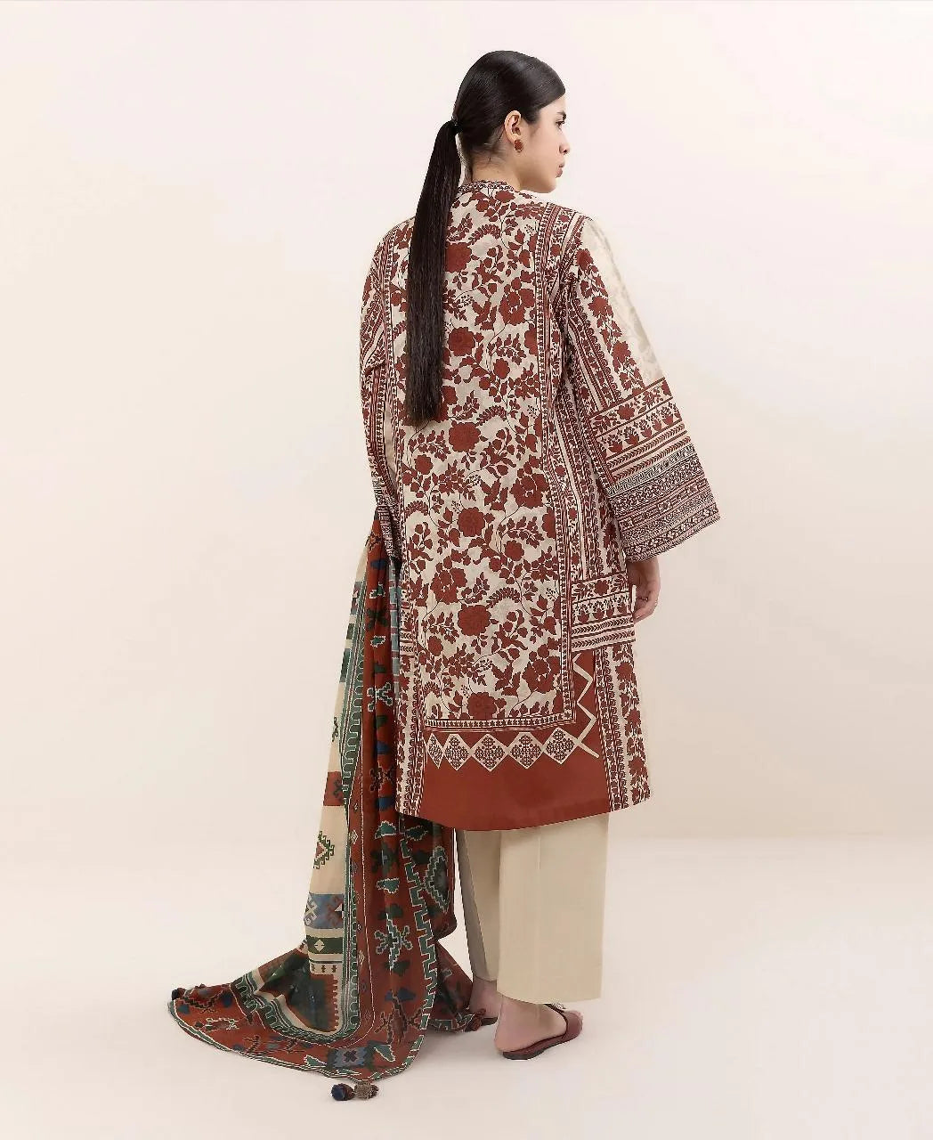Women Linen Printed Suit 3 Pcs Off White