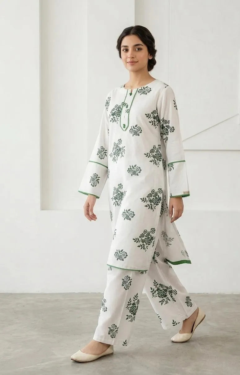 STICHED 2 Pcs Women's Arabic Lawn Printed Long Length Shirt And Trouser (Ever Green Long)