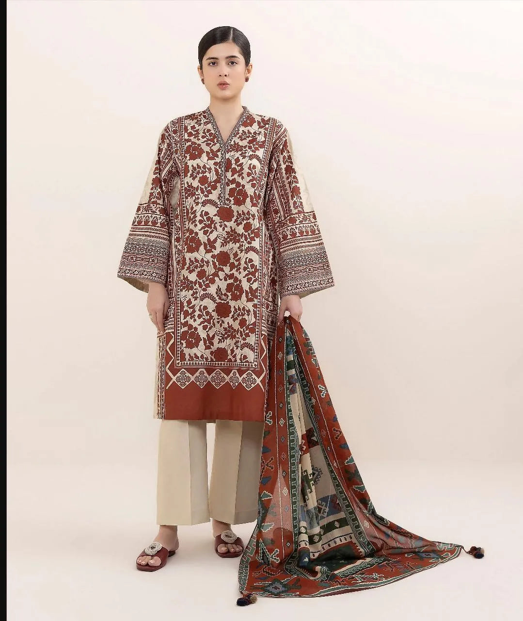 Women Linen Printed Suit 3 Pcs Off White