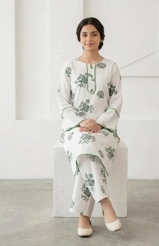 STICHED 2 Pcs Women's Arabic Lawn Printed Long Length Shirt And Trouser (Ever Green Long)