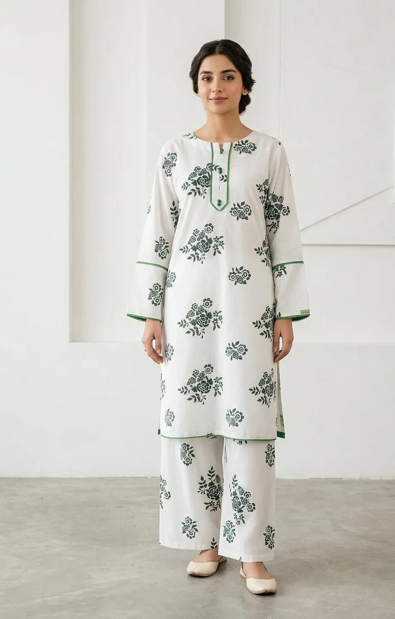 STICHED 2 Pcs Women's Arabic Lawn Printed Long Length Shirt And Trouser (Ever Green Long)