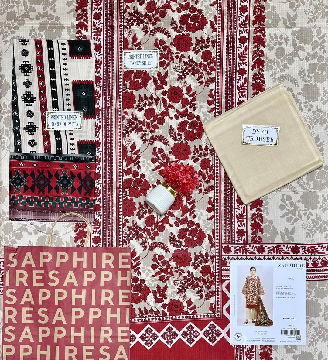 Women Linen Printed Suit 3 Pcs Off White